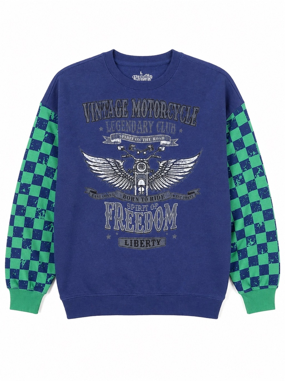 Goody Two Sleeves Women’s L Blue/Green Pullover Crew Neck Motorcycle Graphic